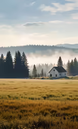 an open field with foggy trees and a house