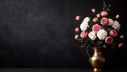 a bronze vase with various flowers inside