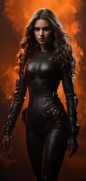 a woman dressed in leather poses for the camera