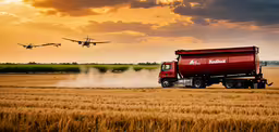 some trucks are passing through a field in the sunset,two air planes flying over a field with a truck in it
