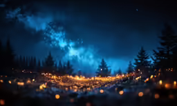 the night sky shows many small glowing lights in between green pine trees and grass