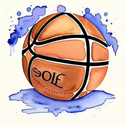an illustration of a watercolor basketball on the floor,a watercolor painting of a ball with a game date written on it,watercolor painting of a basketball on white paper with blue ink,watercolor of a basketball with the word solf on it,a watercolor drawing of a basketball ball with the word sole on it