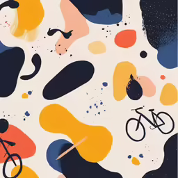 a wall with an abstract pattern of bikes and shapes