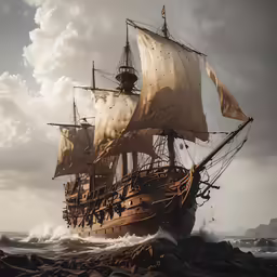 a tall white ship sailing across the ocean on an overcast day