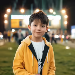 a little boy in a yellow jacket and some lights