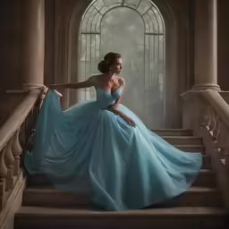 the woman in the light blue dress stands on stairs near some steps