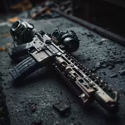 there is a gun and scope laying on the ground