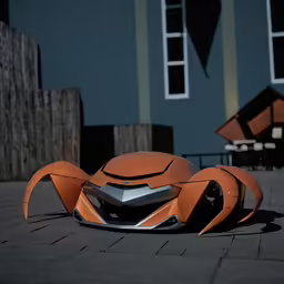 a strange looking car in front of an office building