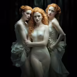 three female nude bodies are posed side by side in white dresses