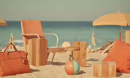 some chairs and a umbrella on a sandy beach