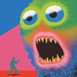 an artistic painting depicting a colorful monster with large eyes