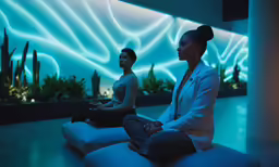 two women are meditating in a brightly lit room