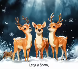 three small deer standing in the snow with one staring at it