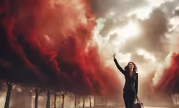 a woman standing on top of a field with red smoke