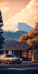 a white car is parked in front of a mountain