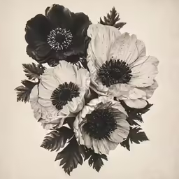 an arrangement of white and black flowers are arranged