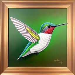a bird in a gold frame hanging on the wall,a painting of a hummingbird on a green background