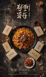 a bowl of noodles and nuts in a chinese poster