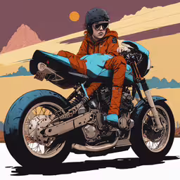 a person sitting on a motorcycle in front of a sunset,a motorcycle rider wearing a bright orange outfit