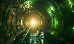 the inside of a subway station is glowing green and yellow