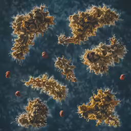 a group of germs floating on a blue surface