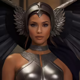 an attractive woman wearing silver with large wings