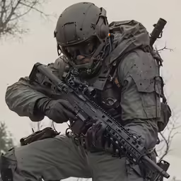 a soldier crouches and holds a machine gun