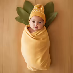 a small child wearing a robe and a headband
