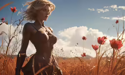 the beautiful blonde lady in her long dress standing in a field
