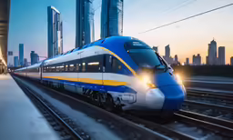 a train is riding down the tracks in front of city buildings