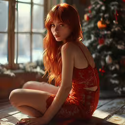 the red hair woman is sitting by a window,there is a red headed woman sitting by a christmas tree