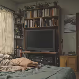 there is an unmade bed with the tv on