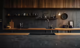 a kitchen with shelves and cabinets and counters