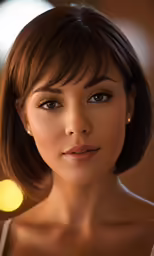 a woman with bangs and a collared top on