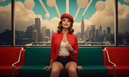 a woman in red sits on top of a bench