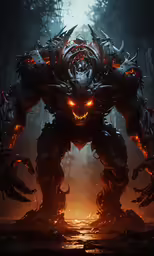 a monster that has glowing eyes, glowing orange eyes, and long black legs