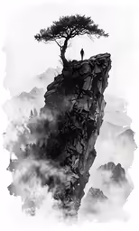 a black and white image of a person standing on top of a cliff