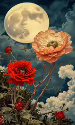 three flowers are growing next to the moon