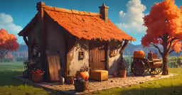a little cottage that has an autumn scene on it,a picture of a house with fall foliage