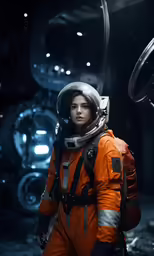 a person wearing an orange astronaut suit standing in front of a space ship