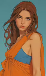 an anime drawing of a woman wearing a orange wrap around