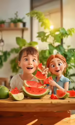 two kids sitting at a table with watermelon cut into pieces