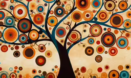 a painting with circles and a tree