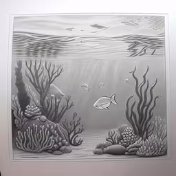 an artwork painting of a fish swimming through the water,a drawing on paper depicting different kinds of underwater creatures,black and white artwork on a wall with two fish,the bottom half of a drawing shows an ocean scene,this drawing shows a fish swimming in the ocean