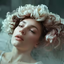 woman with curly hair wearing flower in white room