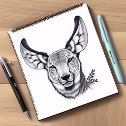 a notebook that has a drawing on it,a black and white photo with pen next to it