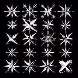 a set of twelve star shaped objects,a collection of star designs in silver on a black background