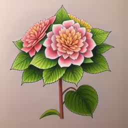 a close up image of flowers on a flower stem,a drawing of pink and yellow flowers with green leaves