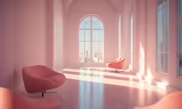 a pink chair sits on the floor in front of three windows
