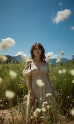a young girl in a dress standing in tall grass